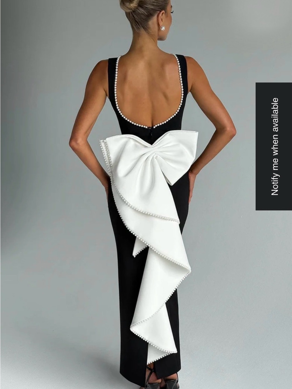 Black Evening Gown with Statement White Bow and Pearl Trim